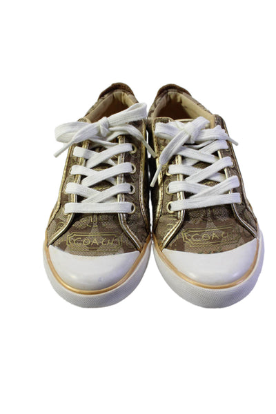 Coach Women's Round Toe Lace Up Monogram Rubber Sole Sneakers Gold Size 6.5