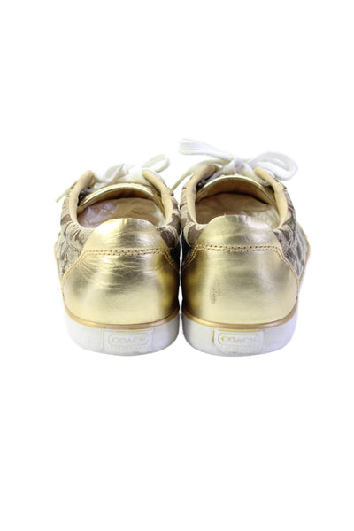 Coach Women's Round Toe Lace Up Monogram Rubber Sole Sneakers Gold Size 6.5