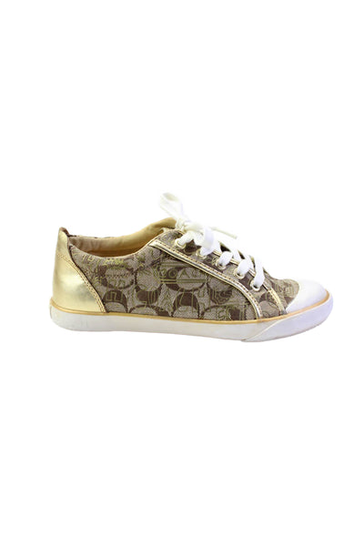 Coach Women's Round Toe Lace Up Monogram Rubber Sole Sneakers Gold Size 6.5