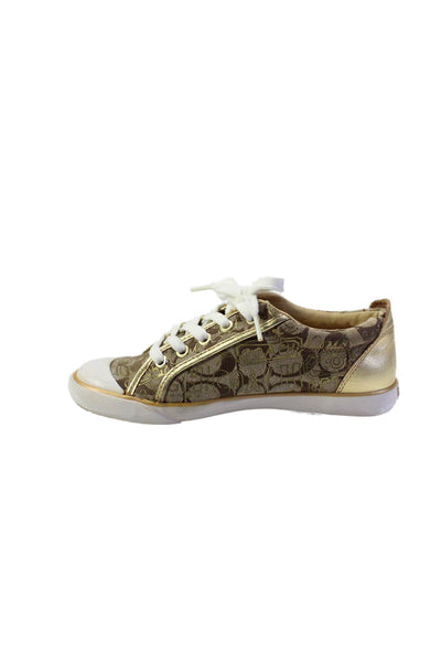 Coach Women's Round Toe Lace Up Monogram Rubber Sole Sneakers Gold Size 6.5