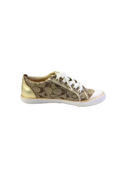 Coach Women's Round Toe Lace Up Monogram Rubber Sole Sneakers Gold Size 6.5