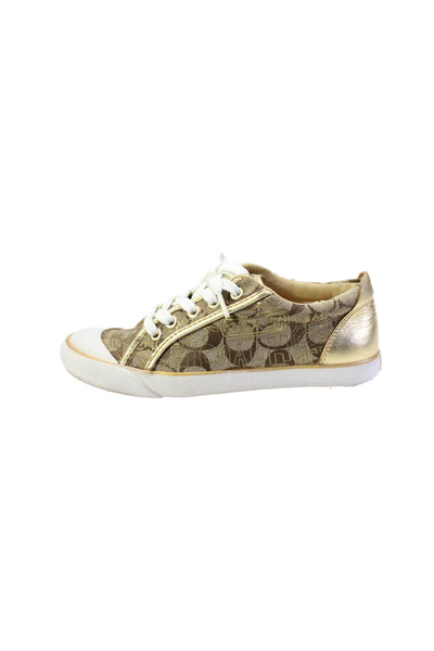 Coach Women's Round Toe Lace Up Monogram Rubber Sole Sneakers Gold Size 6.5