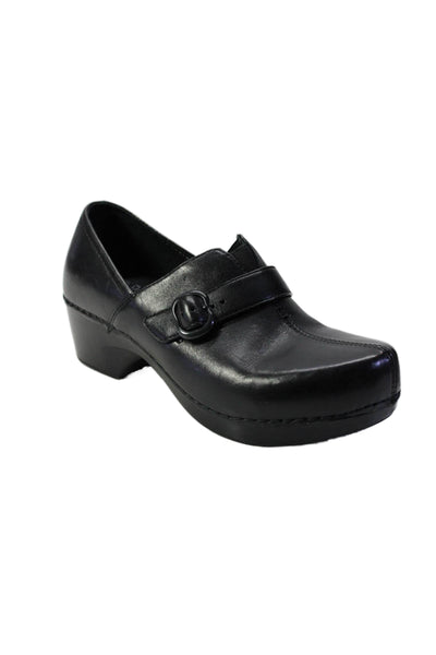 Dansko Womens Leather Single Buckle Mid Block Heel Platform Clogs Black Size 8US