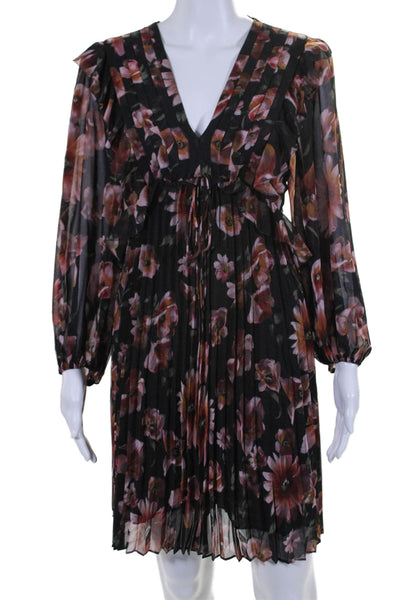 The Kooples Womens Back Zip Long Sleeve V Neck Pleated Floral Dress Black Size 2