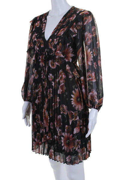 The Kooples Womens Back Zip Long Sleeve V Neck Pleated Floral Dress Black Size 2