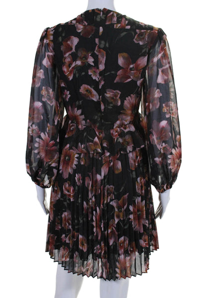 The Kooples Womens Back Zip Long Sleeve V Neck Pleated Floral Dress Black Size 2