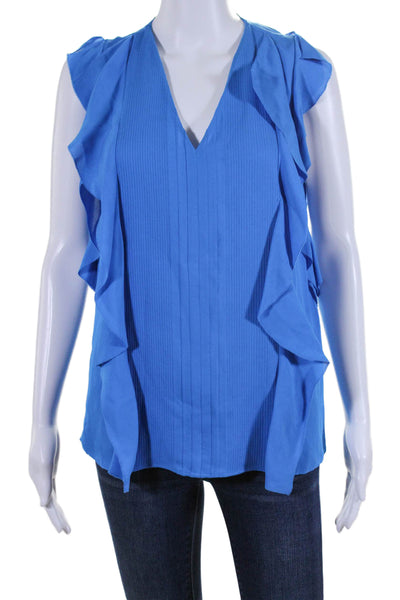 Elie Tahari Womens Ruffled V Neck Boxy Silk Blouse Top Blue Size Small