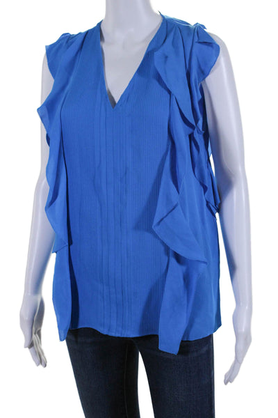 Elie Tahari Womens Ruffled V Neck Boxy Silk Blouse Top Blue Size Small