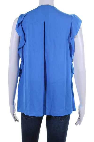 Elie Tahari Womens Ruffled V Neck Boxy Silk Blouse Top Blue Size Small