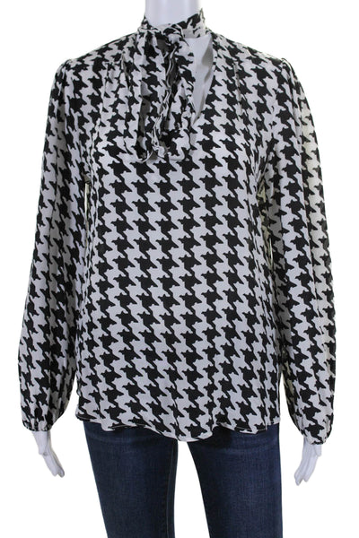 Rixo Womens Long Sleeve Tie Neck Silk Houndstooth Shirt White Black Size Medium