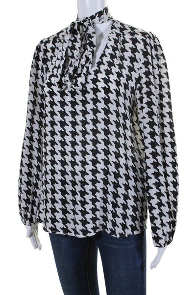 Rixo Womens Long Sleeve Tie Neck Silk Houndstooth Shirt White Black Size Medium