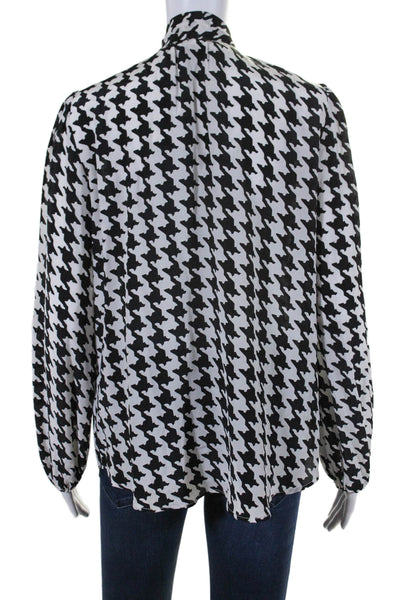 Rixo Womens Long Sleeve Tie Neck Silk Houndstooth Shirt White Black Size Medium