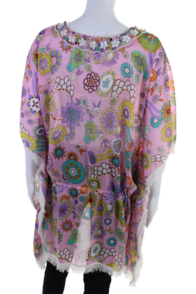 Cindi Gindi Womens Pink Floral Breaded V-Neck Short Sleeve Tunic Top Size S