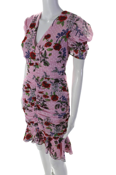 Keepsake Womens Short Sleeve Floral V Neck Ruched Bodycon Dress Pink Size XS