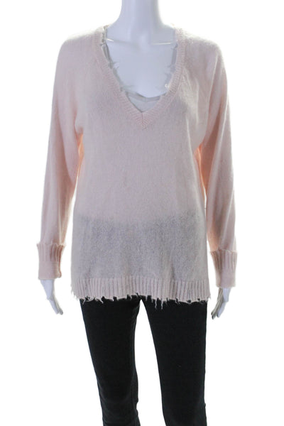 Decker Luxe Womens Distressed Trim V Neck Cashmere Sweater Pink Size Large