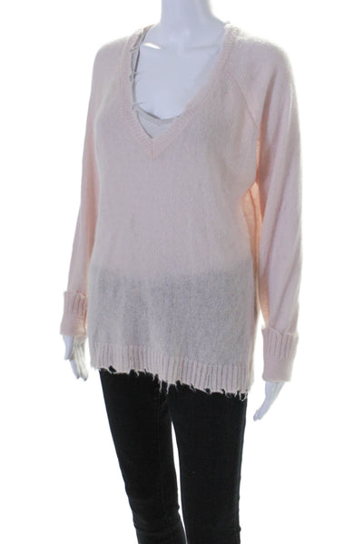 Decker Luxe Womens Distressed Trim V Neck Cashmere Sweater Pink Size Large