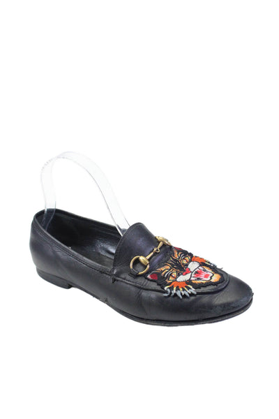 Gucci Womens Leather Tiger Embroidered Slide On Loafers Black Size 37.5 7.5