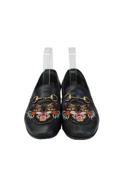 Gucci Womens Leather Tiger Embroidered Slide On Loafers Black Size 37.5 7.5