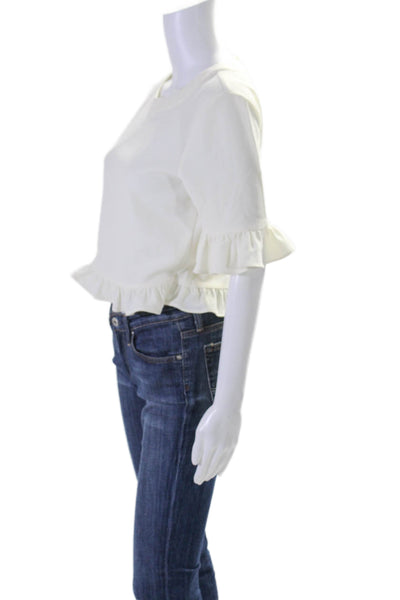 Kate Spade New York Womens White Ruffle Crew Neck 3/4 Sleeve Blouse Top Size M