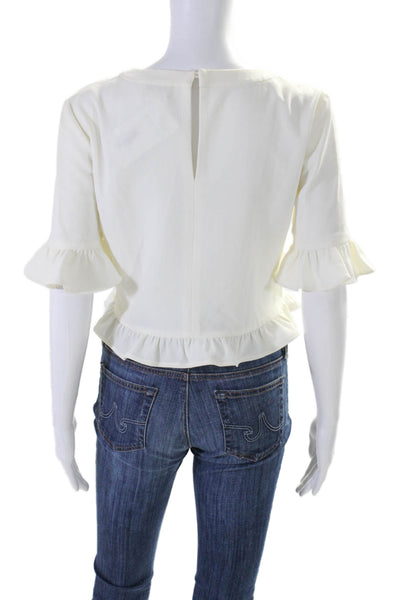 Kate Spade New York Womens White Ruffle Crew Neck 3/4 Sleeve Blouse Top Size M