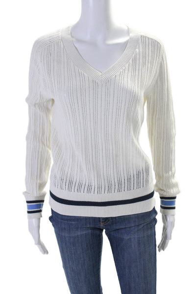 Tory Sport Womens Cotton Blend White V-Neck Long Sleeve Sweater Top Size M