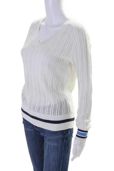 Tory Sport Womens Cotton Blend White V-Neck Long Sleeve Sweater Top Size M