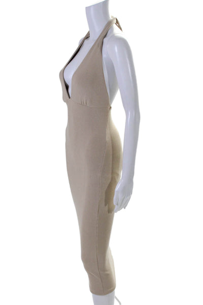 Lovers + Friends Womens Cotton Halter Neck Ribbed Bodycon Dress Beige Size XS