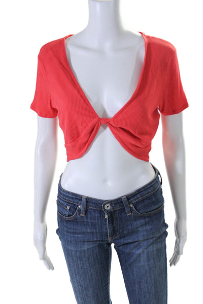 Alo Womens Short Sleeve Ribbed Cropped V Neck Knot Blouse Coral Size L