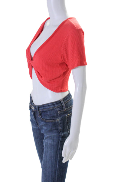 Alo Womens Short Sleeve Ribbed Cropped V Neck Knot Blouse Coral Size L