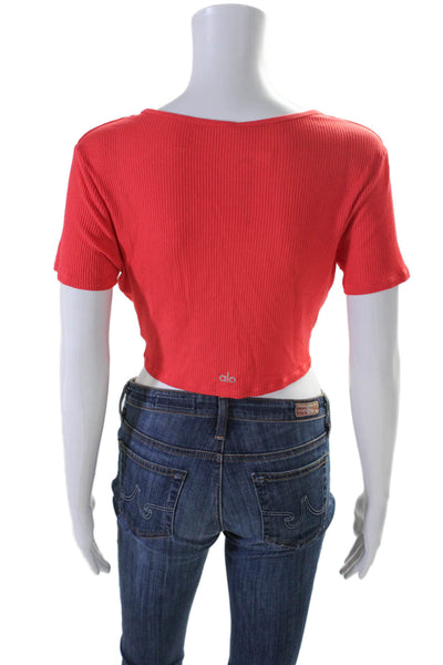 Alo Womens Short Sleeve Ribbed Cropped V Neck Knot Blouse Coral Size L