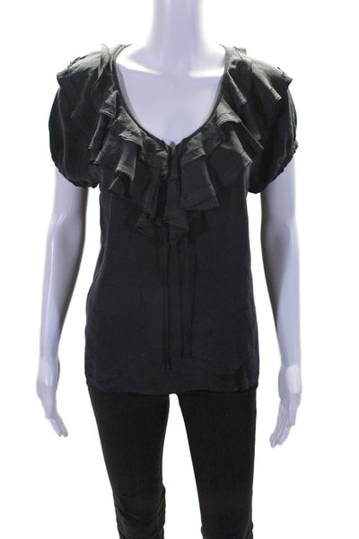 Joie Womens Silk Faded Black Ruffle V-neck Short Sleeve Blouse Top Size M