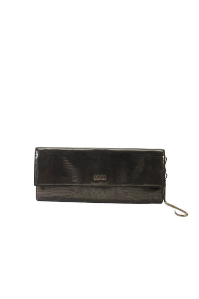 Boss Hugo Boss Leather Embossed Magnet Flap Long Wristlet Clutch Dark Silver