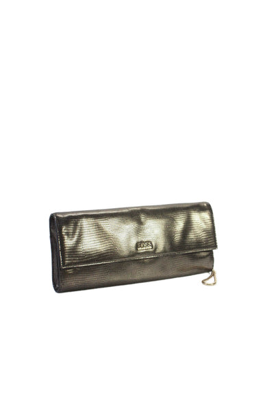 Boss Hugo Boss Leather Embossed Magnet Flap Long Wristlet Clutch Dark Silver