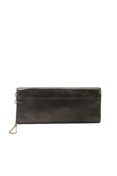 Boss Hugo Boss Leather Embossed Magnet Flap Long Wristlet Clutch Dark Silver