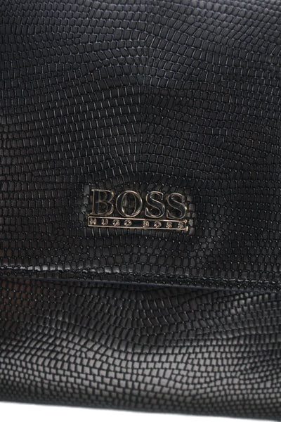 Boss Hugo Boss Leather Embossed Magnet Flap Long Wristlet Clutch Dark Silver