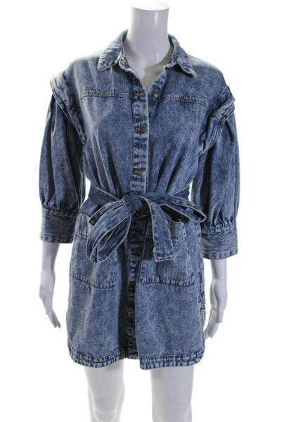 Future Collective Womens Denim Long Sleeves Belted Shirt Dress Blue Cotton Size