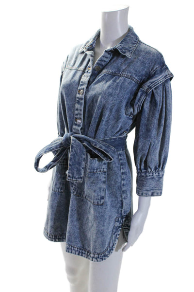 Future Collective Womens Denim Long Sleeves Belted Shirt Dress Blue Cotton Size