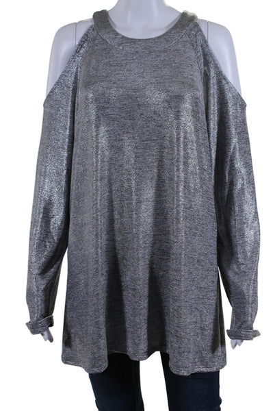 Julian Chang Womens Long Sleeve Cold Shoulder Metallic Knit Shirt Gray Size XL