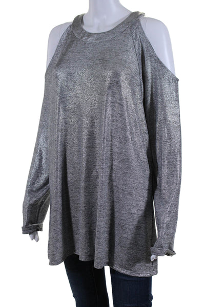 Julian Chang Womens Long Sleeve Cold Shoulder Metallic Knit Shirt Gray Size XL