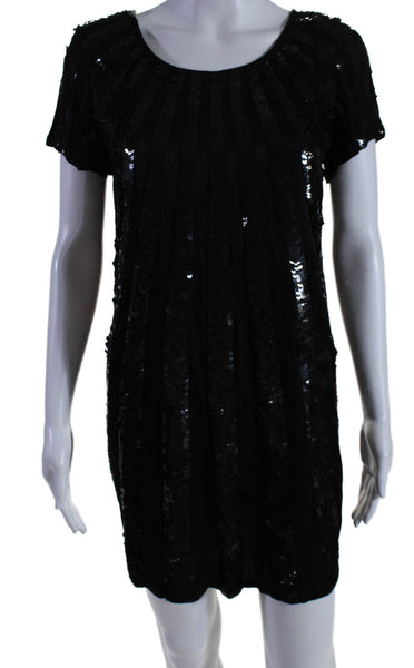 French Connection Womens Sequined Short Sleeves Knee Length Dress Black Size 8