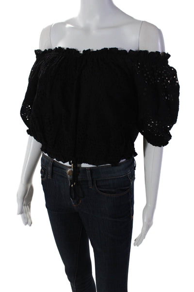 Melissa Odabash Womens Off Shoulder Eyelet Crop Top Black Cotton Size Small