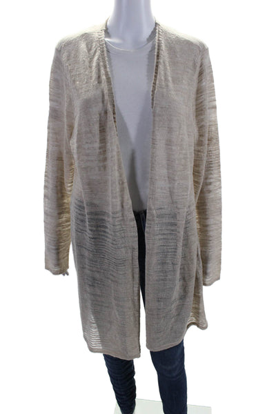 Eileen Fisher Womens Linen Striped Print Open Front Thin Cardigan Beige Size XL