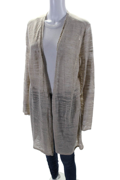 Eileen Fisher Womens Linen Striped Print Open Front Thin Cardigan Beige Size XL