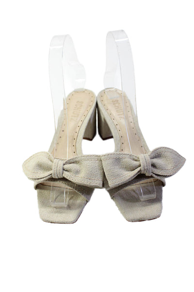 Schutz Womens Textured Bow Tied Square Toe Block Heels Mules Beige Size 5