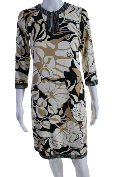 J. Mclaughlin Womens Beige Printed V-neck 3/4 Sleeve Shift Dress Size XS