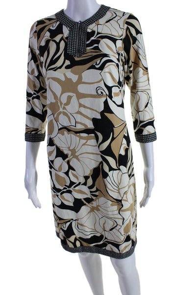 J. Mclaughlin Womens Beige Printed V-neck 3/4 Sleeve Shift Dress Size XS