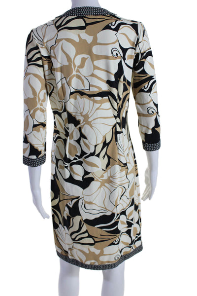 J. Mclaughlin Womens Beige Printed V-neck 3/4 Sleeve Shift Dress Size XS