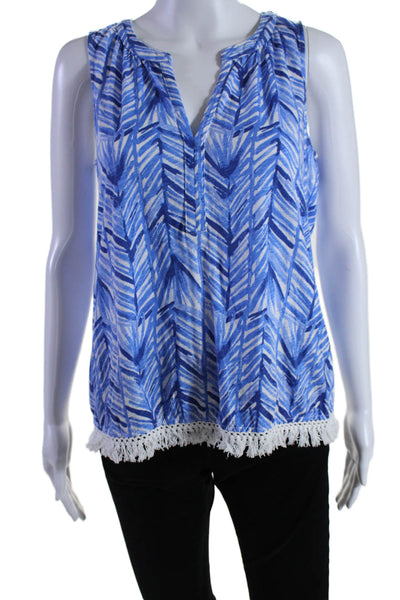 Lilly Pulitzer Womens Blue Printed V-neck Fringe Sleeveless Blouse Top Size S