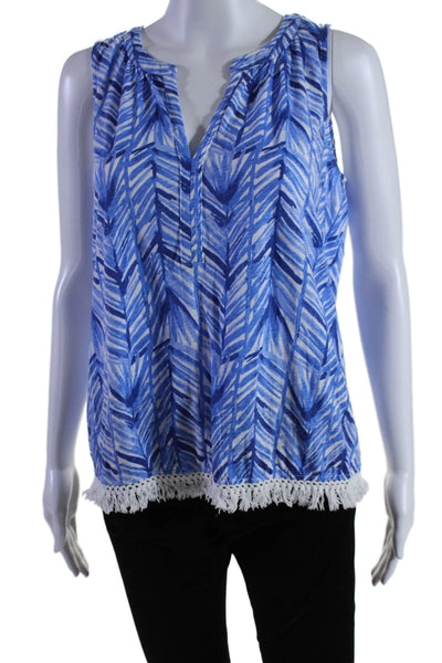 Lilly Pulitzer Womens Blue Printed V-neck Fringe Sleeveless Blouse Top Size S