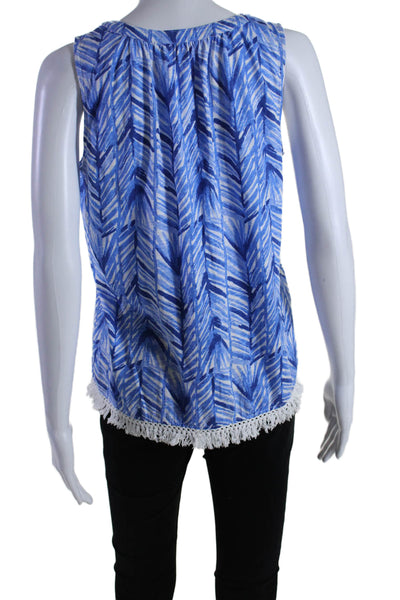 Lilly Pulitzer Womens Blue Printed V-neck Fringe Sleeveless Blouse Top Size S